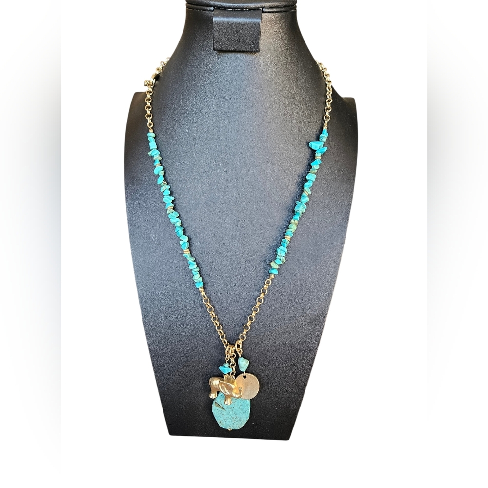 Chicos Turquoise Stone Pendant, CHIP And Elephant Charm Necklace